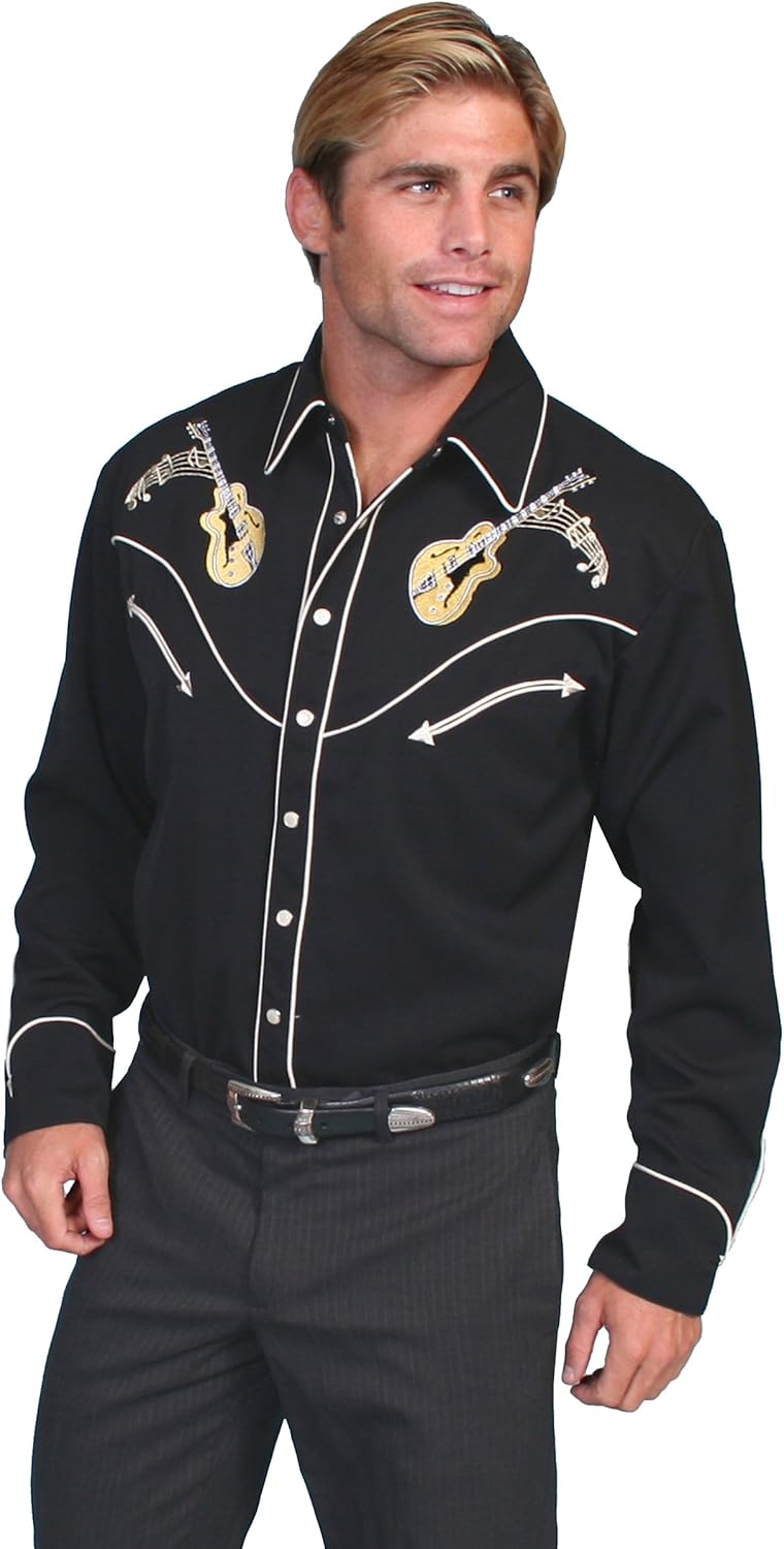 Scully Men's Rock N Roll Guitar Embroidered Retro Western Shirt Big P