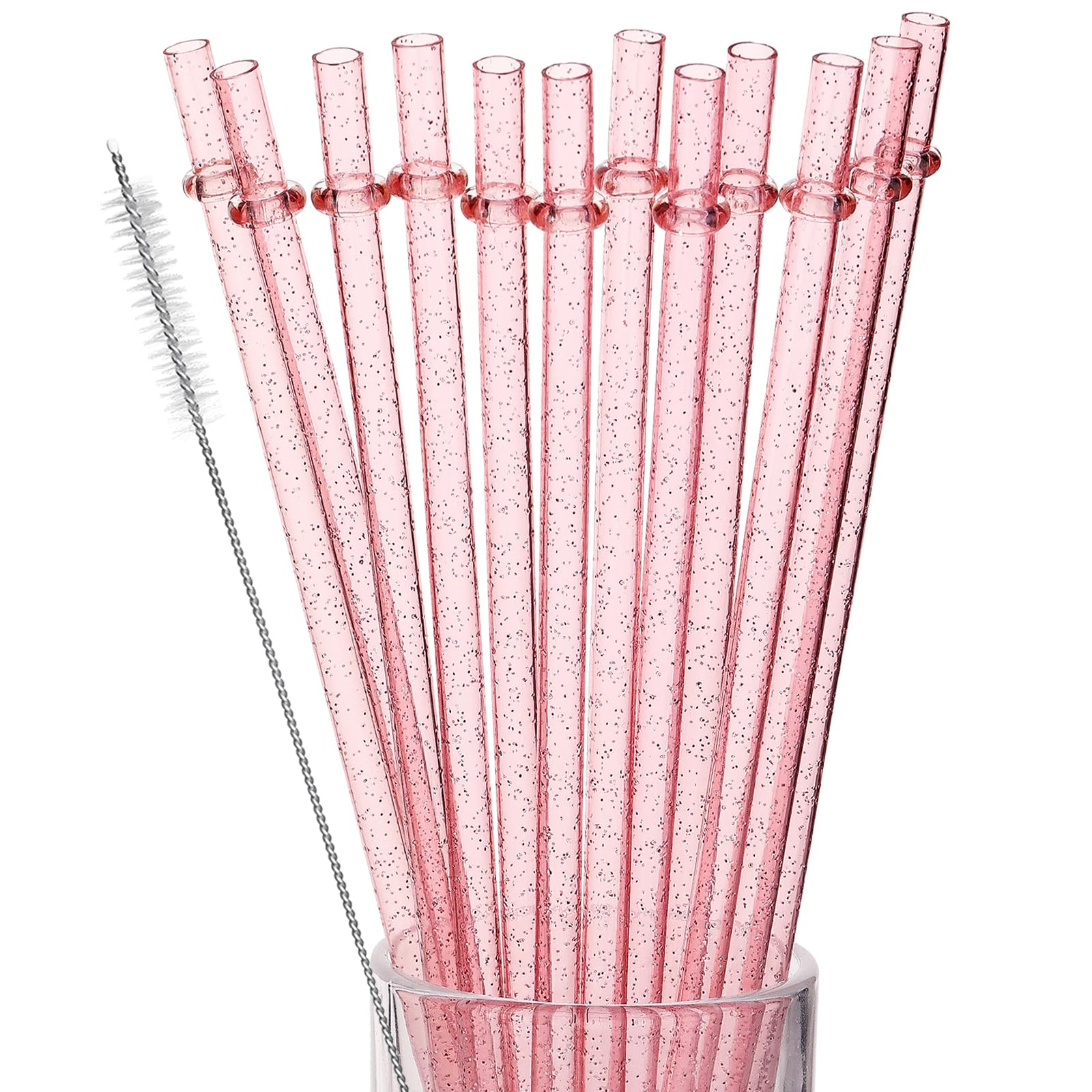 Photo 1 of 12Pcs Reusable Plastic Straws Colorful Plastic Straws, 11 Inch Long Hard Cup Drinking Straw with Cleaning Brush-Pink