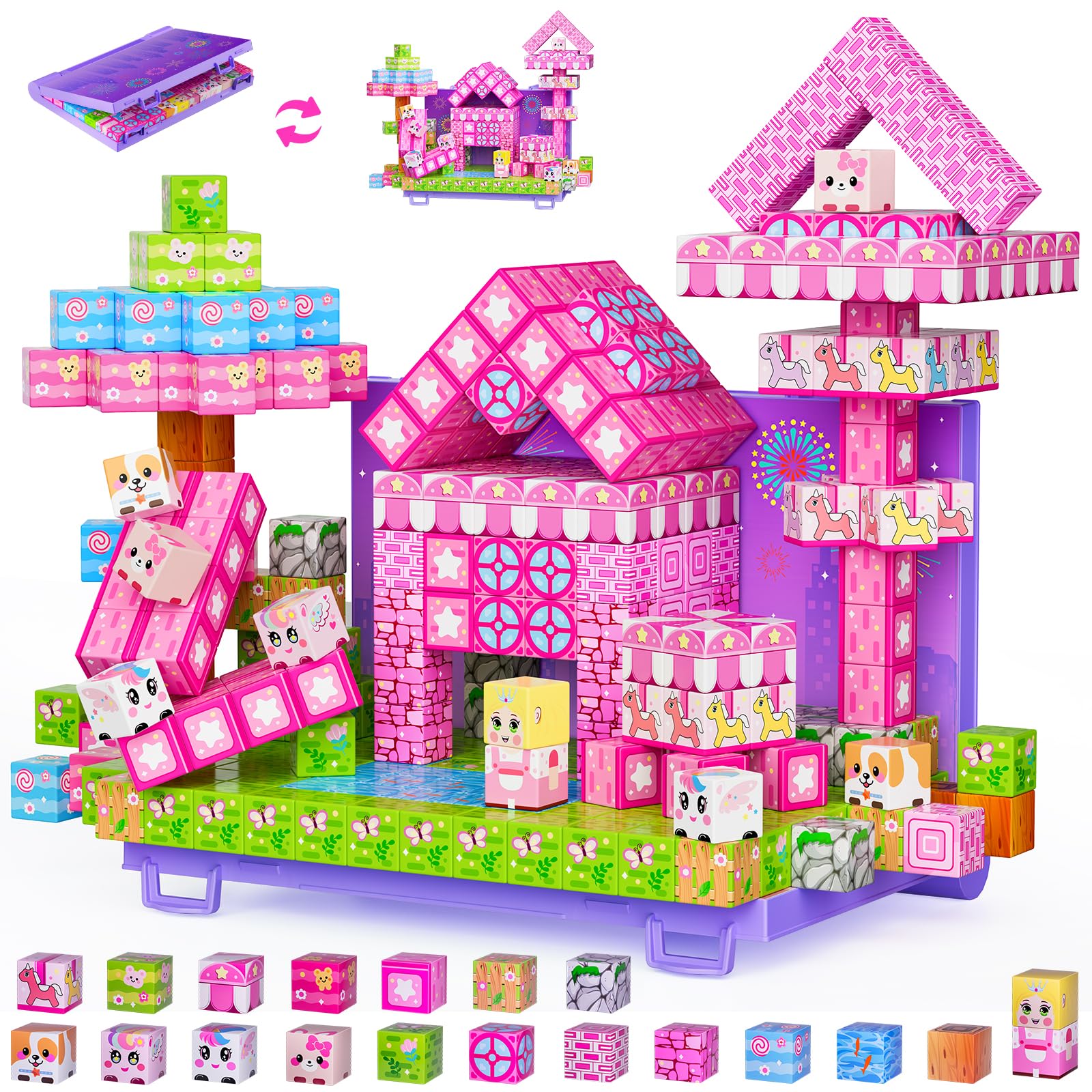Magnetic Building Blocks, 84PCS Magnetic Block Cubes Tile with Foldable Magnet Board, Creative 3D Building Princess Castle Toys Gifts Game for Girls Kids Age 3 4 5 6 7 8 10 Play Pink