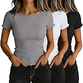 Riyiper 3 Pack Women's Lettuce Trim Boat Neck Tops Ribbed Short Sleeve T-Shirts Crop Slim Fit Summer Basic Tees Shirt(Black, White, Light Gray,Large)