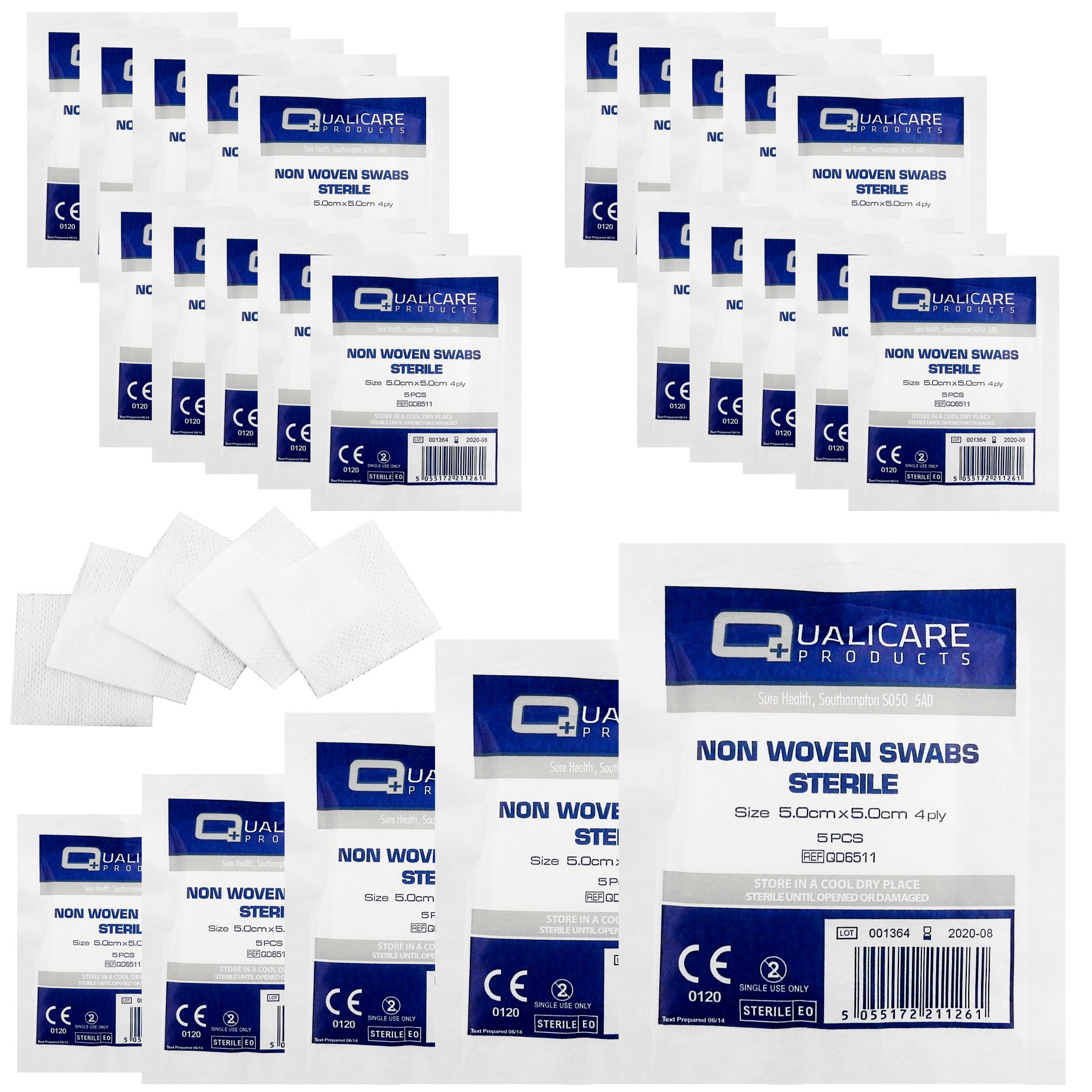 Qualicare None Woven 4PLY Sterile Gauze Medical Swabs Single Pack, 5cm x 5cm Sqaure - 25 Pack (125 Swabs)