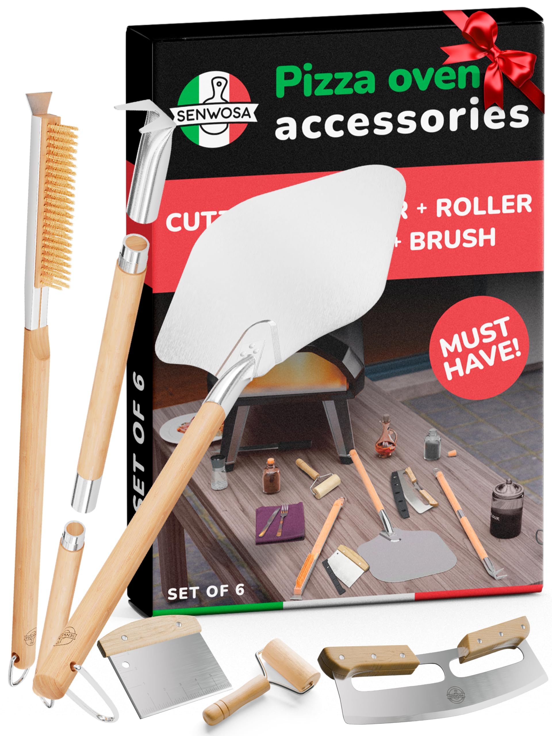 Photo 1 of Senwosa Premium Pizza Oven Accessories Kit - 6-Piece Set for Home Pizza Making: Includes Pizza Peel, Oven Brush, Bubble Popper Turner, Rocker Cutter, Dough Roller & Scraper