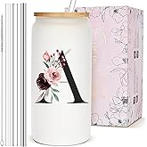 Personalized Customized Gifts for Women, Monogrammed Cute Glass Cup with Lid and Straw, Initial Iced Coffee Cup, Custom Letter Drinking Glasses Tumbler Mug, Christmas Birthday Gifts for Her Sister, A