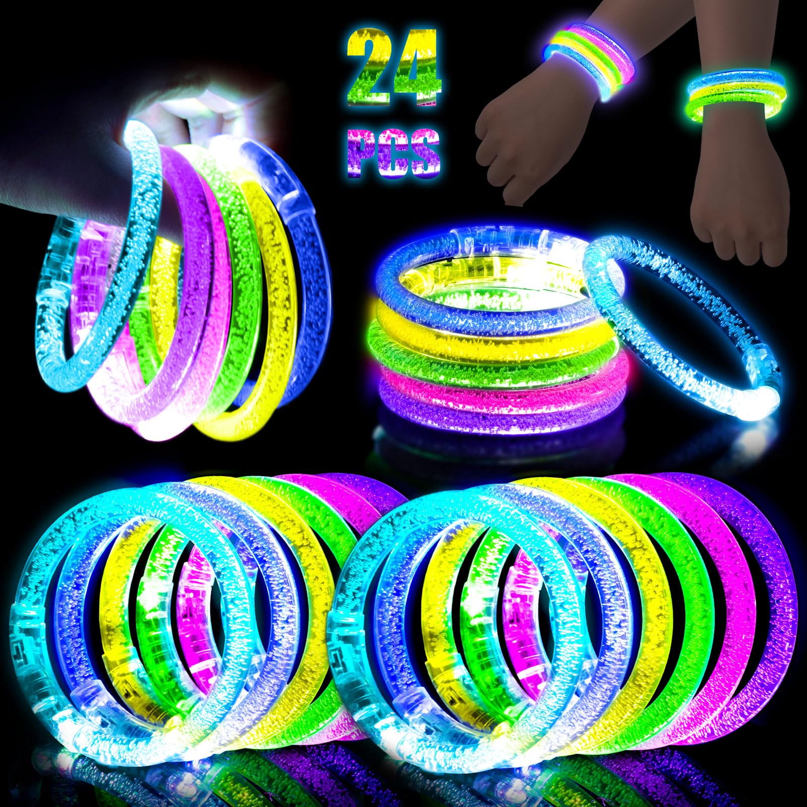 Photo 1 of LovesTown 24PCS Glow Bracelets Bulk, LED Bracelets Light up Wristbands Glow in the Dark 6 Neon Colors for Birthday Party Favors Carnival Concerts Rave Party