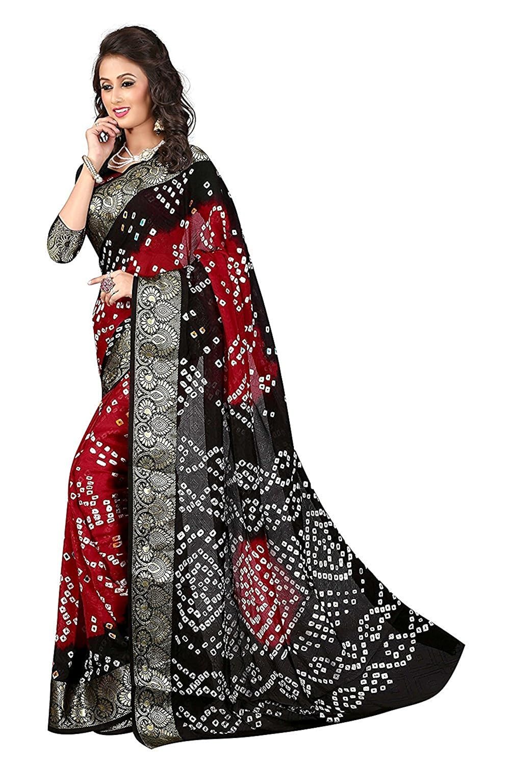 fabdiamond women cotton saree with blouse piece (black red_free size)