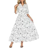 Ladyful Womens Floral Boho Maxi Dress Short Sleeve V Neck Empire Waist Swing Flowy Long Beach Vacation Dress with Pocket