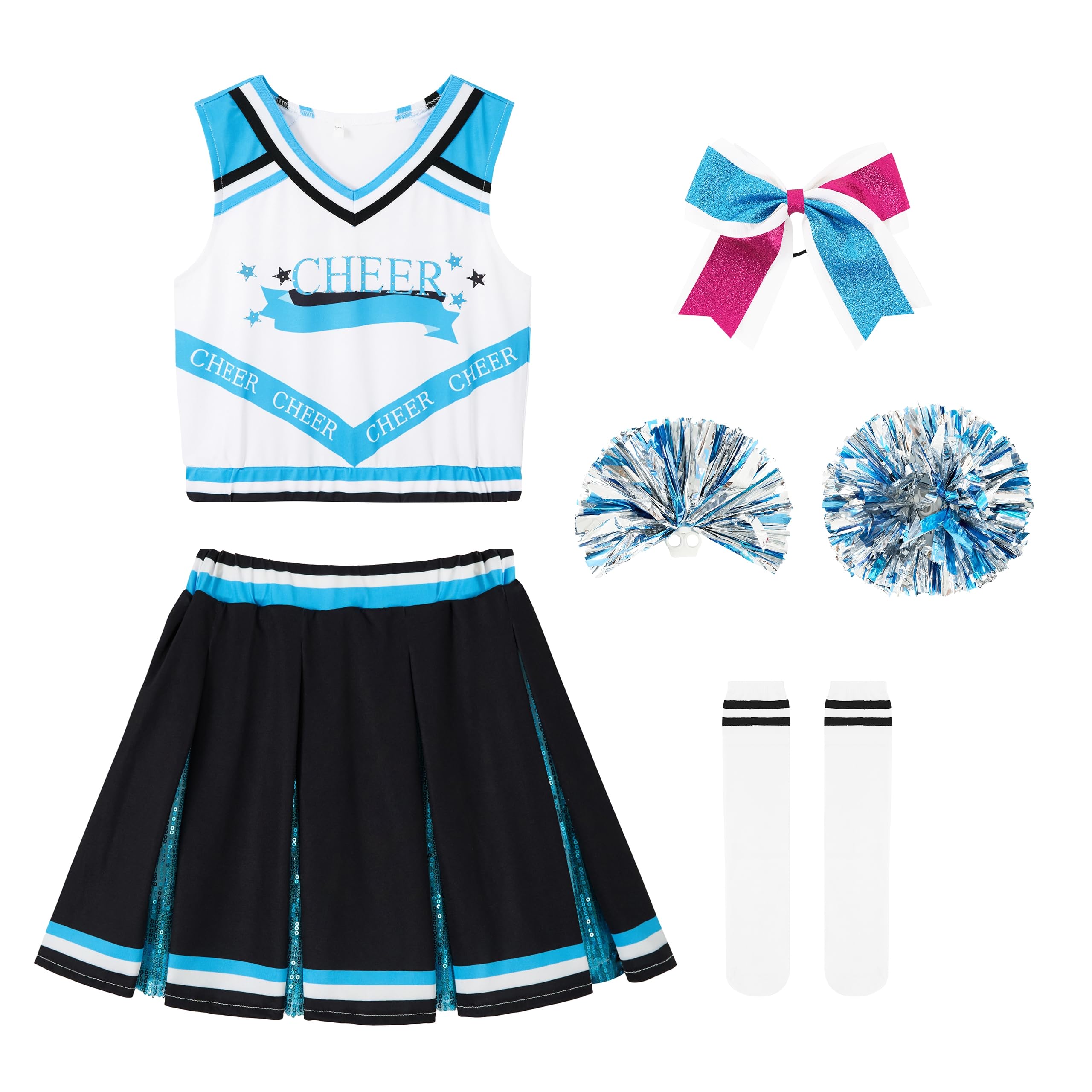 LOLANTA Girls Cheerleader Costume Kids Sequin Cheerleading Uniform Outfit with Pompoms Socks, Halloween Fancy Dress Costume for Girls 5-13 Years(LakeBlue,5-6 Years,Tag Size 120) — image 1