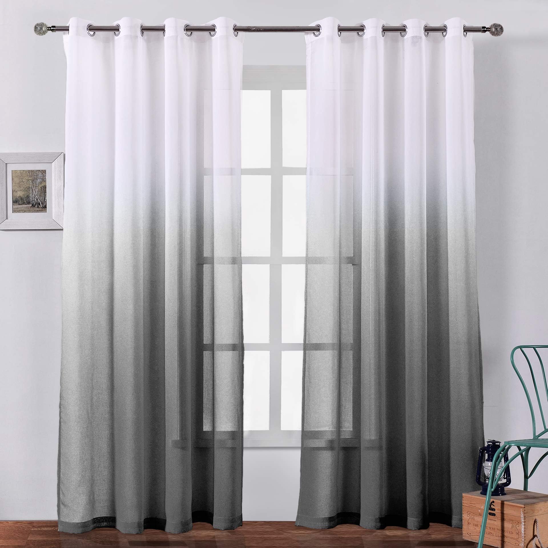 BERMINO Faux Linen Sheer Curtains Voile Grommet Ombre Semi Sheer Curtains for Bedroom Living Room Set of 2 Curtain Panels 54 x 108 inch Black Gradient
