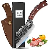 ENOKING 6.1 Inch Hand Forged Chef Knife, High Carbon Steel Butcher Knife with Leather Sheath, Full Tang Camping Cooking Knife for Meat Cutting, BBQ, Kitchen, Outdoor, with Gift Box