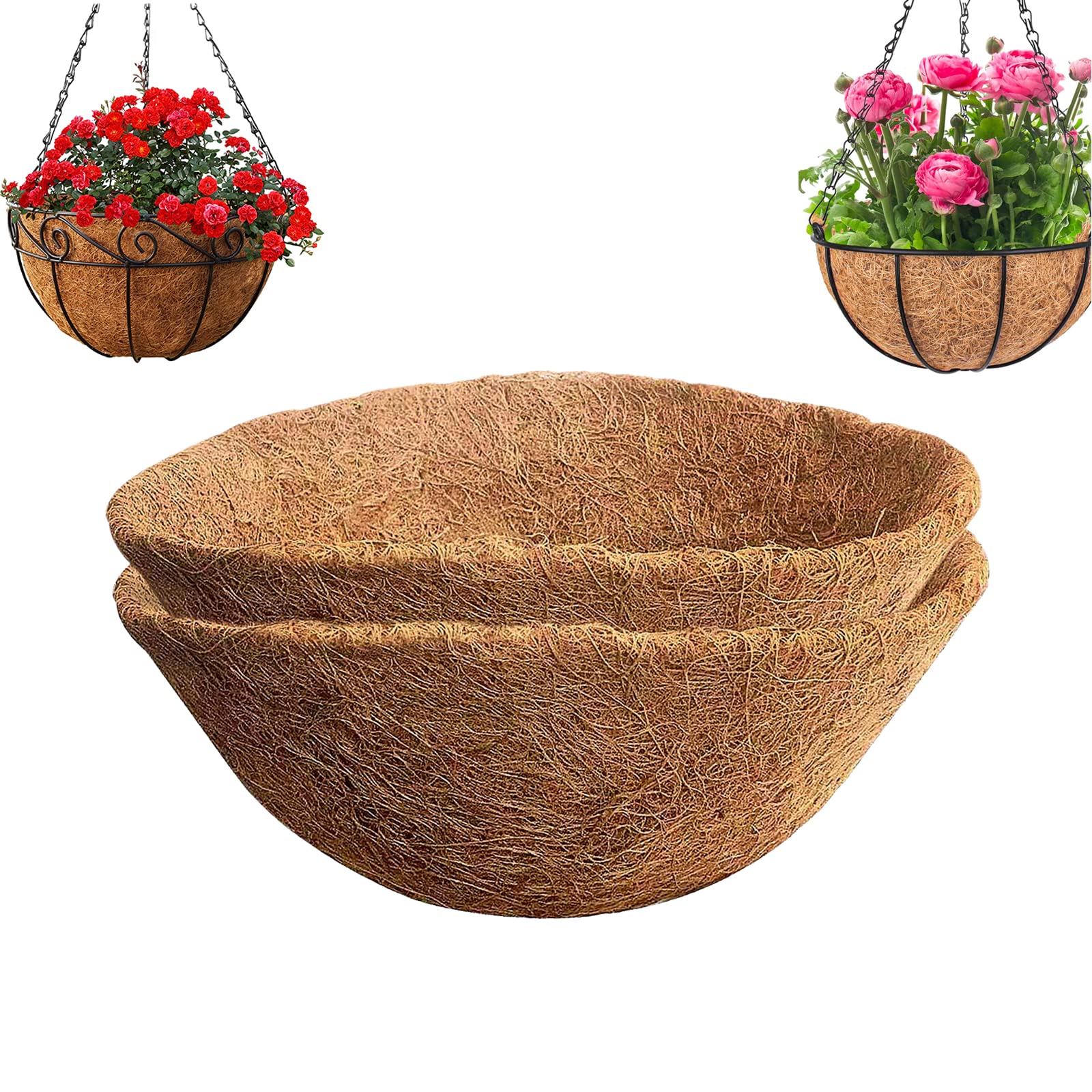 YUNSTK 2 Pcs Hanging Basket Liners 12 inch, Round Planter Liner Coco Fiber Replacement Liner, Natural Coconut Fibres Trough Liners for Hanging Baskets at Indoor Outdoor Garden Porch Balcony