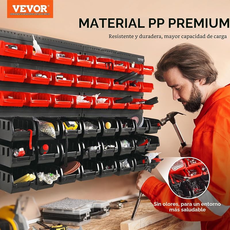 Prateleira de plástico 48 caixas de armazenamento para oficina de garagem com painéis de parede organizador de ferramentas para porcas, parafusos, parafusos, pregos, botões, pequenas peças, preto/vermelho