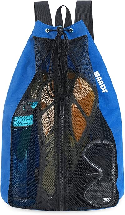 WANDF Swim Bag Mesh Drawstring Backpack Navy Blue for Beach Gym Swimming
