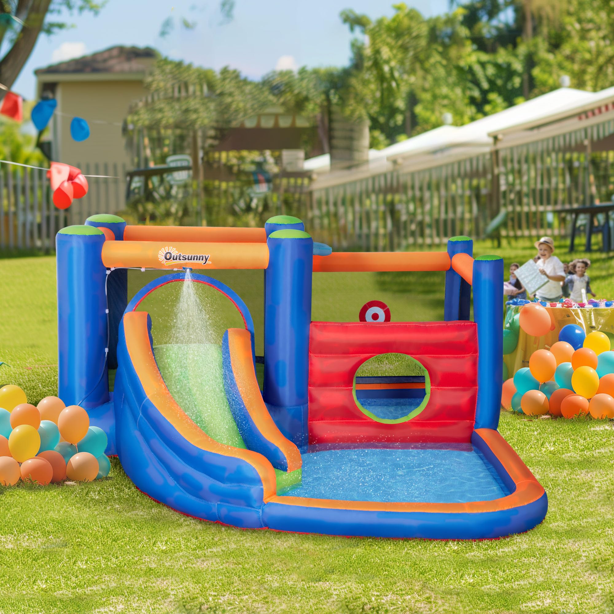 Outsunny Aufblasbare Hüpfburg Wasserpark mit Gebläse Hüpfburg mit Wasserrutsche Basketballkorb Aufblasbare Wasserspielcenter für Kinder ab 3 Jahren Trampolin Pool 380 x 340 x 170 cm 2