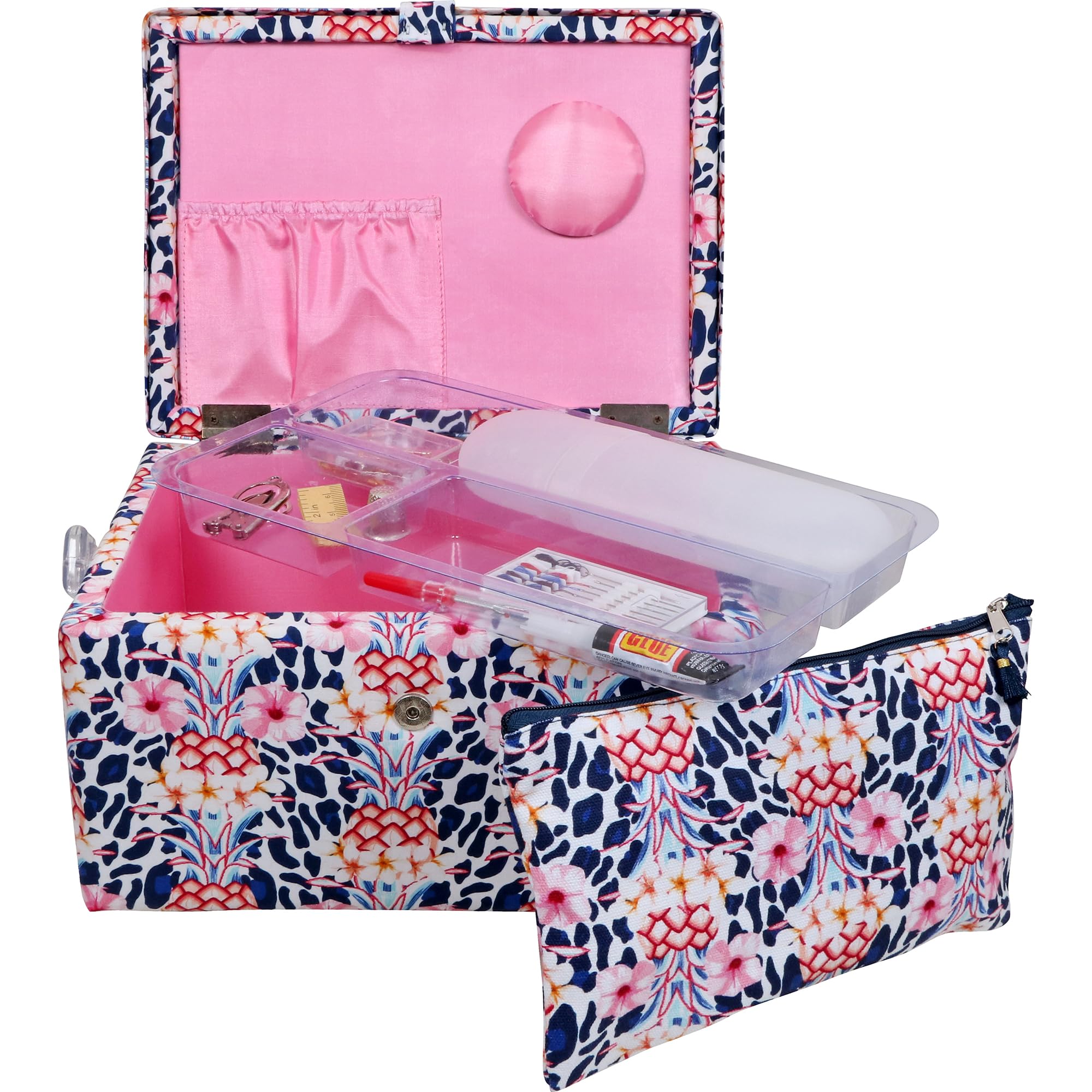 SINGER Large Premium Sewing Basket Tropical Animal Print with Emergency Travel Sewing Kit & Matching Zipper Pouch
