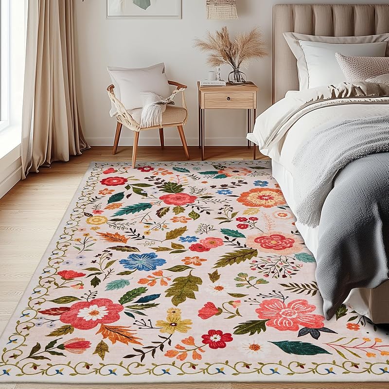 Alfombra de salón, 140 x 200 cm, estilo vintage floral, lavable y antideslizante, estampado plano, diseño ultrafino, ideal para dormitorios, habitaciones infantiles, baños y lavanderías, color beige — foto 8 de 8