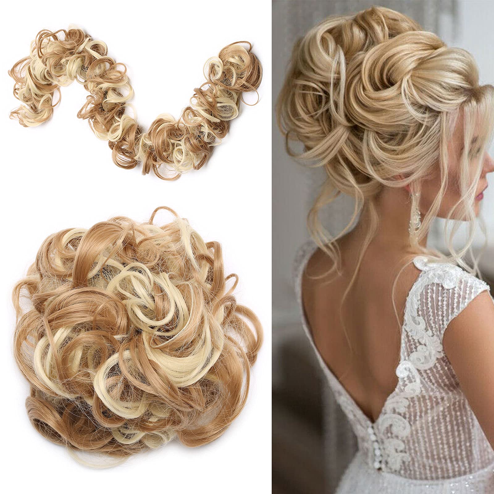 Scrunchy Hair Extension Updo Clip in Bun Donut Hairpiece Drawstring Wrap Around Hair Extension Messy Wavy Curly Chignons Wig Ash Blonde & Bleach Blonde