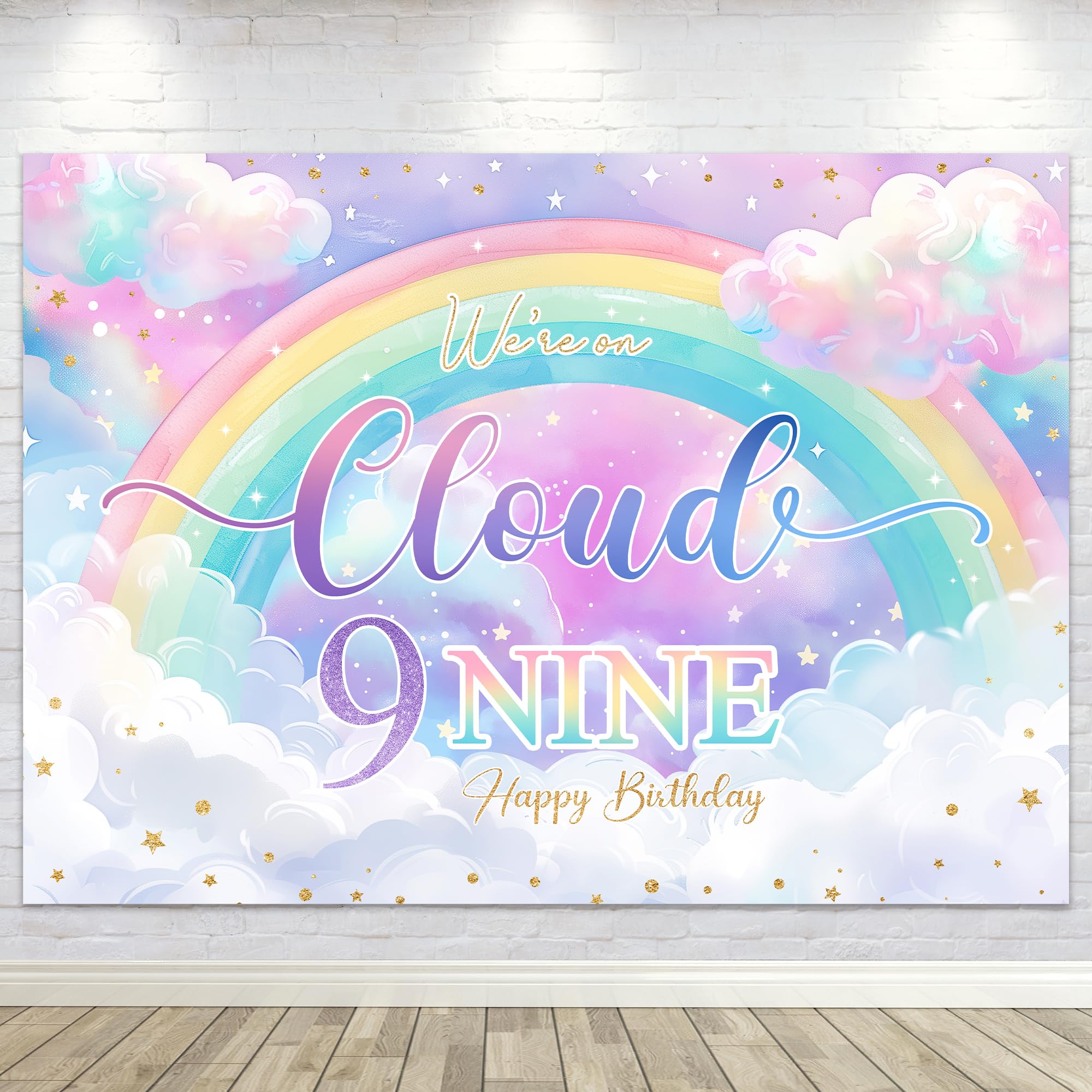 Photo 1 of LGhtyro On Cloud 9 Birthday Backdrop 7Wx5H for Girls Rainbow Pastel Cartoon Cute Starry Sky Colorful Polyester Fabric Photography Background Decoration 9th Bday Party Fabric Photo Shoot Studio Props