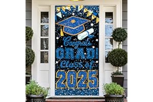 PHOTKEN 73 x 36 Inch Congrats Grad Class of 2025 Sign Banner Door Cover, Graduation Party Decorations, Large Front Door Porch Sign Backdrop for Wall Indoor Outdoor Photo Booth Props Party Supplies (Blue)