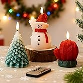 JOIONE Christmas Flameless Candles with Remote, 3D Flickering Flame Battery Operated LED Candles for New Year Party and Cute Christmas Decor, Gift for Famliy, Gloves & Christmas Tree & Snowman