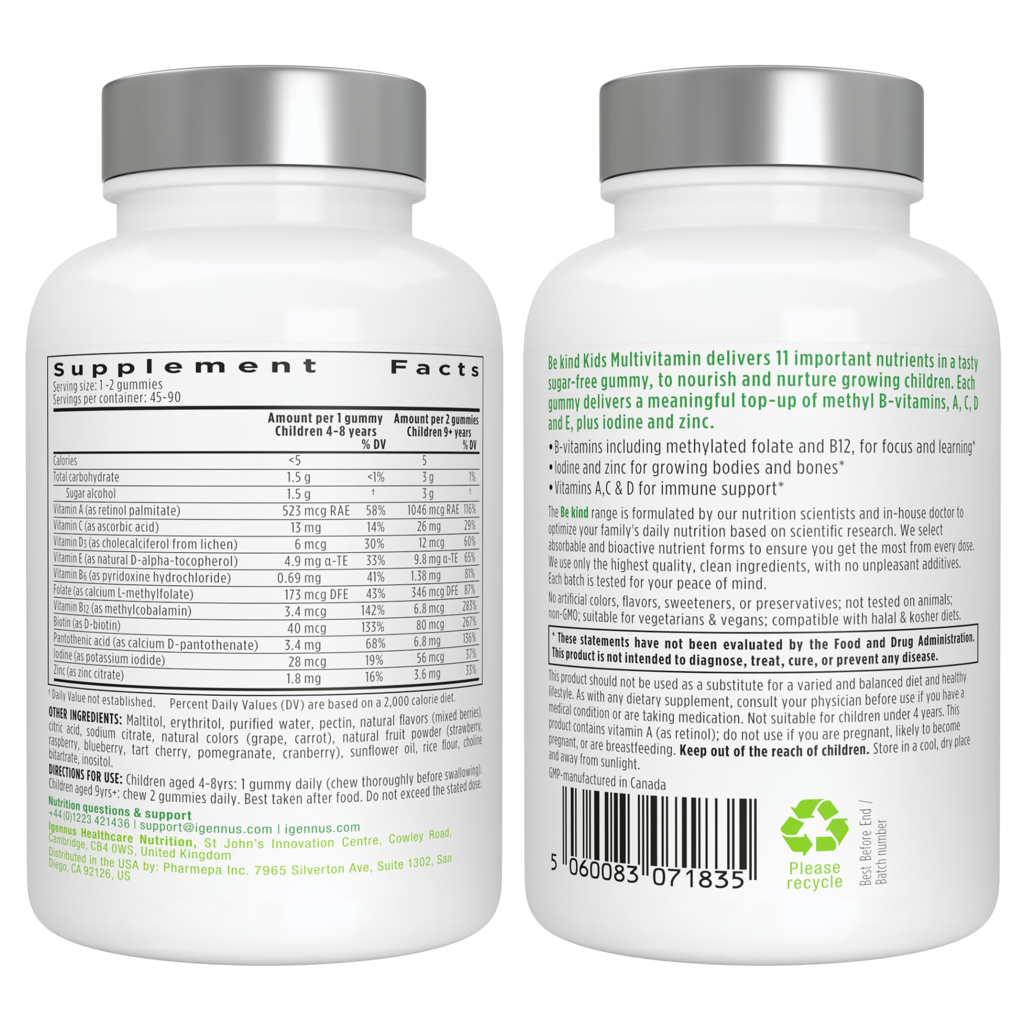 Igennus Methylated Kids Multivitamin Gummy, MTHFR, No Artificial Sweeteners or Flavors, Sugar Free, Age 4+, 90 Natural Berry Flavor Gummies from Fruit Powder, Non-GMO, Halal, Clean Label