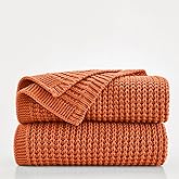 Douceur Rust Orange Throw Blanket for Bed, Soft Chunky Cable Knit Throw Blanket, Classic Fisherman's Rib Stitch Pattern Throw for Living Room,60"X80"