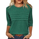 JomeDesign 3/4 Length Sleeve Womens Tops Round Neck Casual Tunic Tops Pleated Shirts Dressy