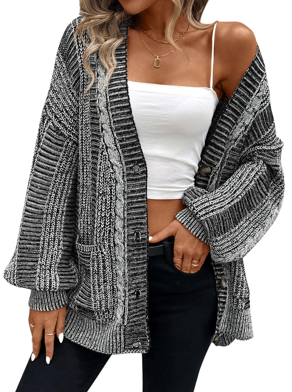 Photo 1 of Pink Queen Fashion Open Front Long Sleeve Color Block Cardigan Sweaters Oversized Loose Coats with Pockets Black and White M
