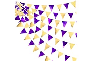 PINKBLUME Purple and Gold Party Decorations Metallic Fabric Triangle Pennant Banner Flag Bunting Garland for Graduations Birthday Retirement Wedding Baby Shower Bachelorette Halloween Outdoor Party Supplies