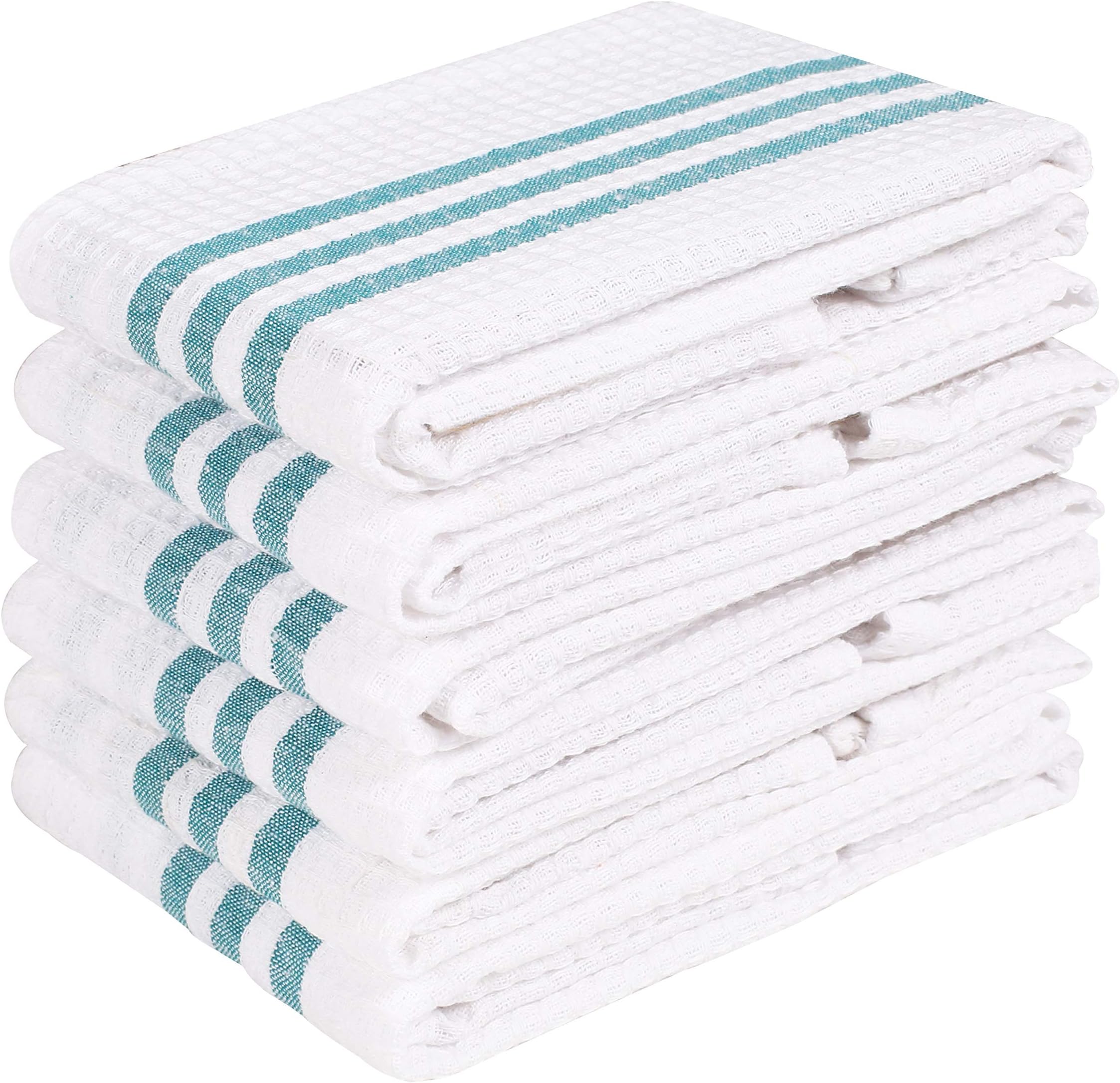 Waffle Dishcloth with Stripe (Set of 6 White Teal 16x26) Highly Absorbent, Professional Grade Cotton Tea Towels for Everyday Cooking and Baking- Modern Clean Striped Pattern