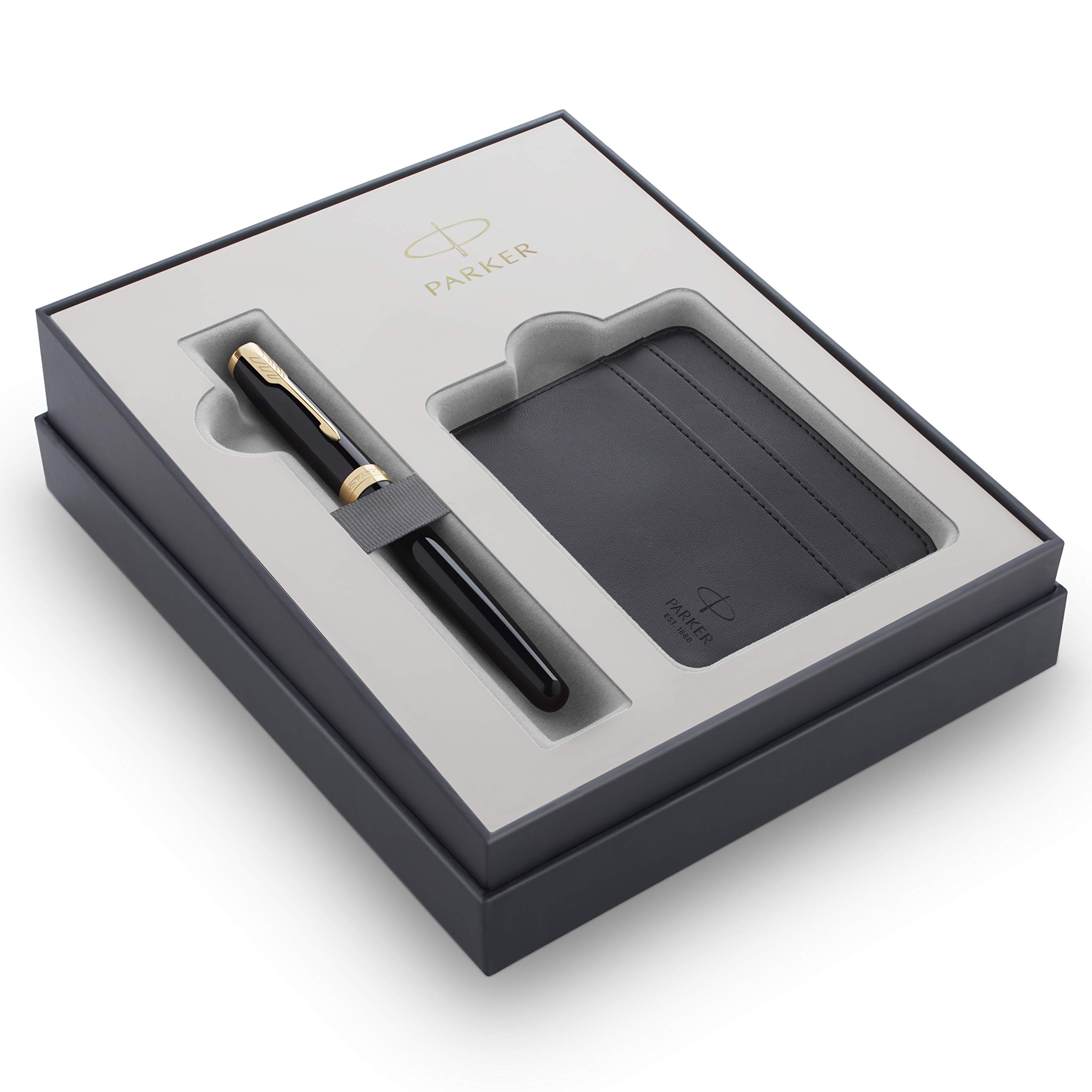 Parker Sonnet Fountain Pen Gift Set | Gloss Black Gold Trim Pen with Card Holder | Elegant Gift Box
