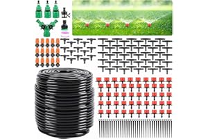 AMBITELLIGENCE Garden Drip Irrigation Kit,164FT/50M Greenhouse Micro automatic Drip Irrigation system Kit with 1/4 inch 1/2 inch Blank Distribution Tubing Hose Adjustable Patio Misting Nozzle Emitters Sprinkler