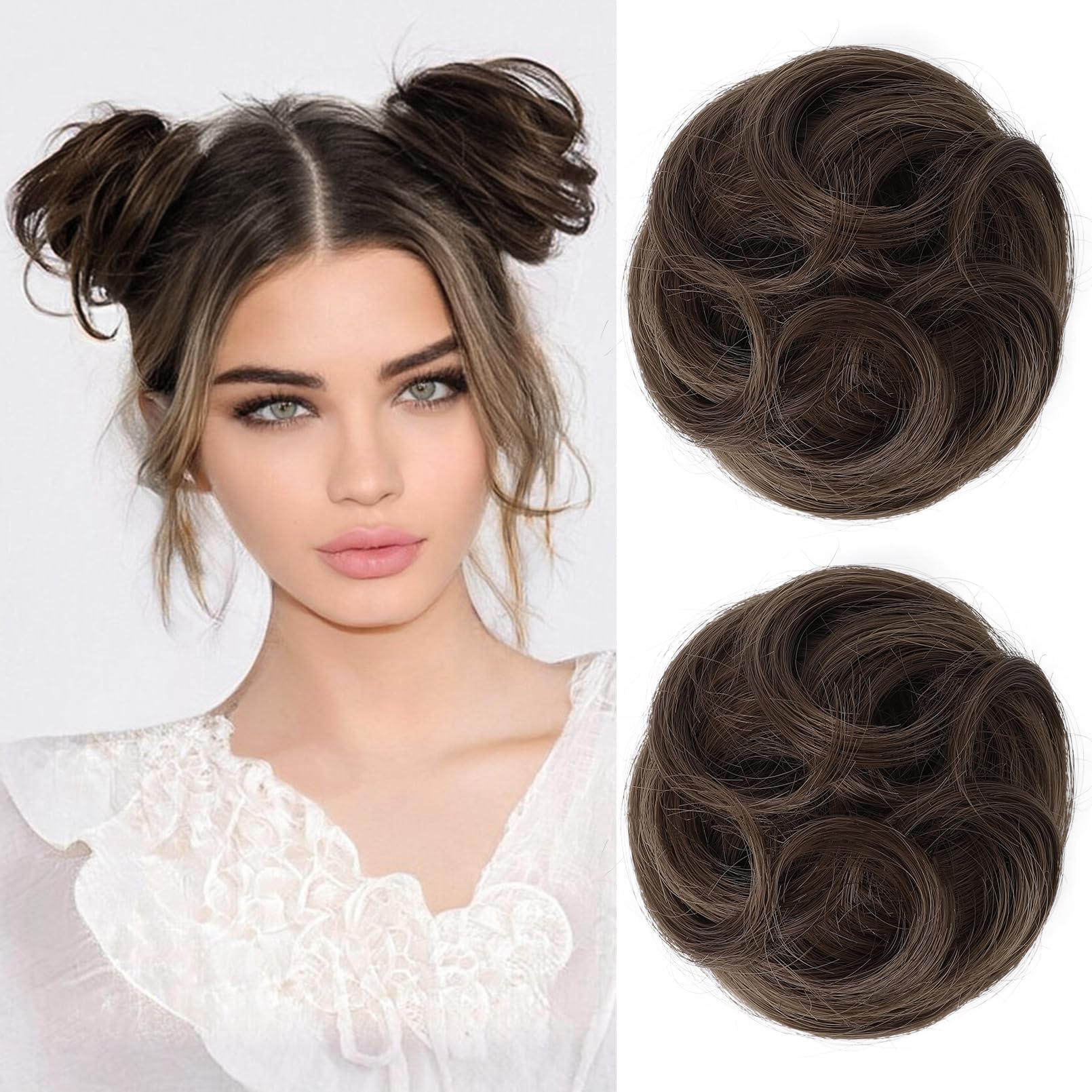 REECHO 2 PCS Mini Claw Clip in Messy & Cat Ears Hair Bun Extensions Wig Accessory Updo Hairpieces for Women Girls (Pack of 2-3.5" Wavy, Medium Brown with Highlights)
