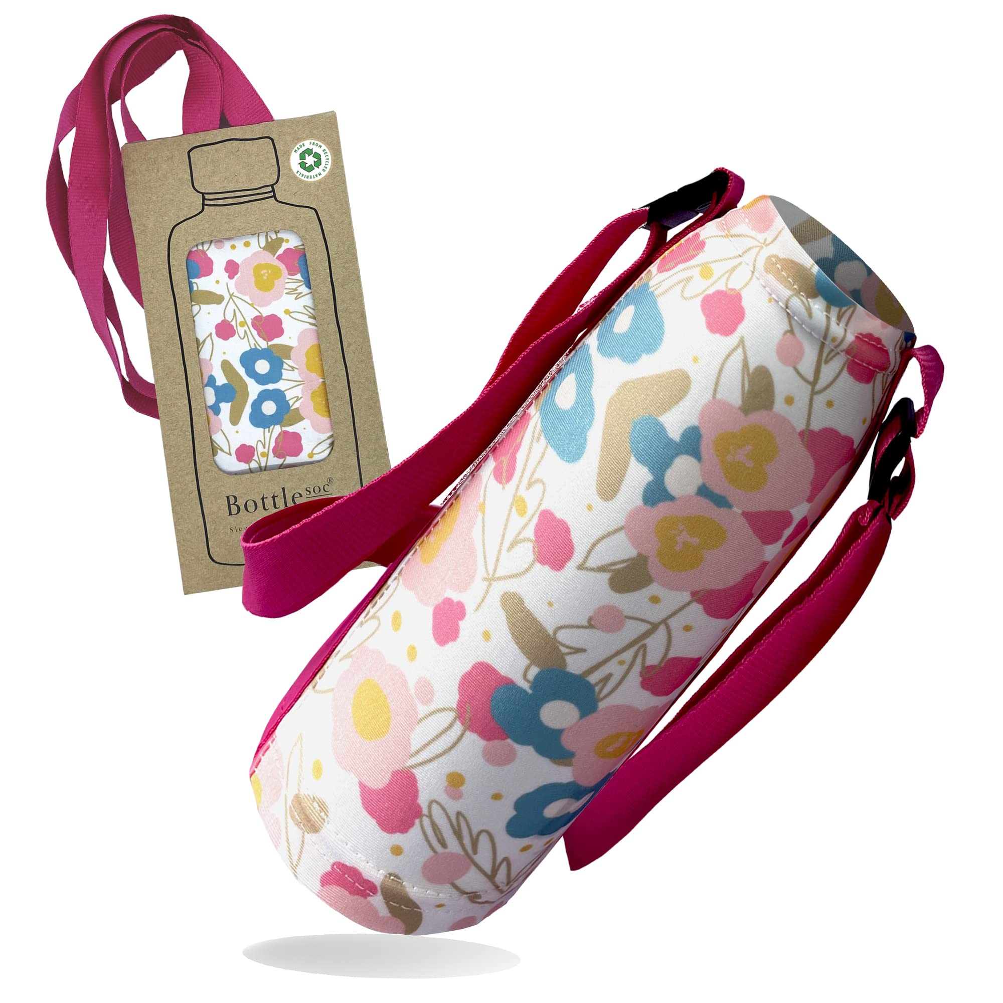 Bottlesoc Water Bottle Carrier with Shoulder Strap | Periwinkle Flower Design - Washable Cover for Walking & Travel | Eco Friendly Sleeve with Adjustable Strap | Reusable Water Bottle Holder
