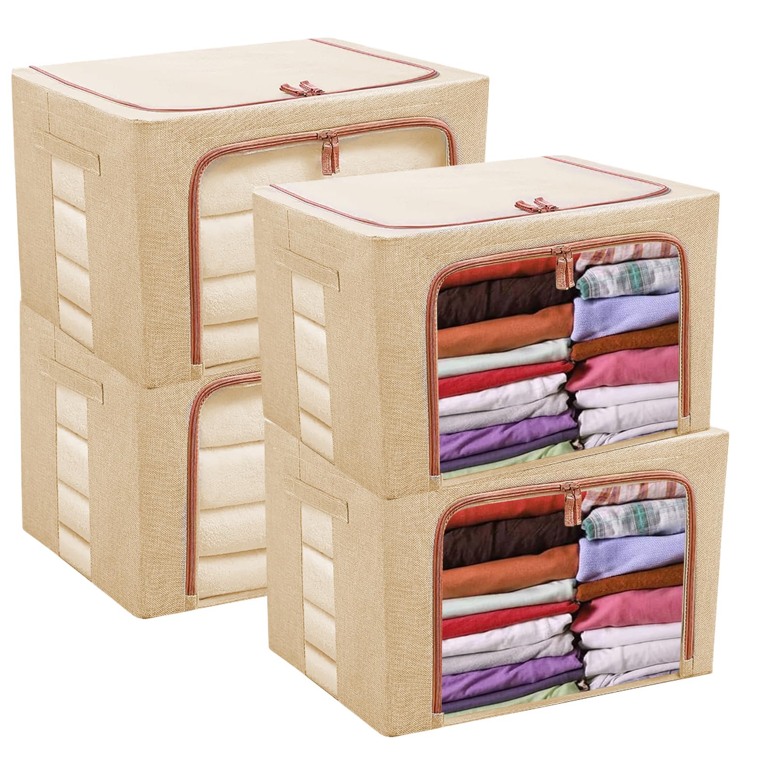YOUNTHYE 4 Pack Clothes Storage Bags, 24L Foldable Clothes Storage Boxes with Lids, Clear Window & Carry Handles, Cotton Linen Cloth Steel Frame Box with Zippers
