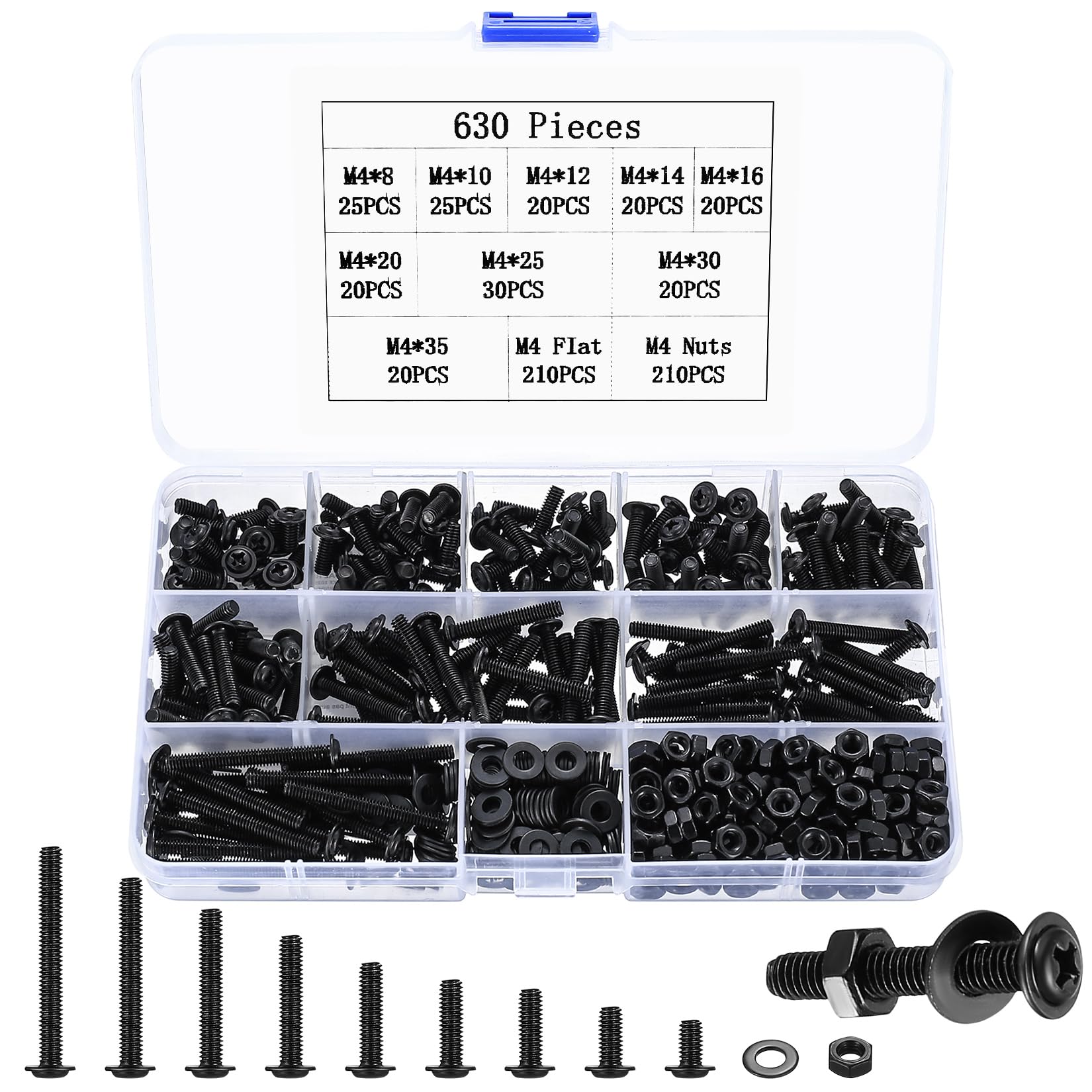 630 Pcs M4 Assorted Bolts and Nuts Set, Machine and Set with Washers, Flat Head Washer Cross Head Screws Bolts Nuts Assortment Kit, Black Thread Fastener Screws and Nuts