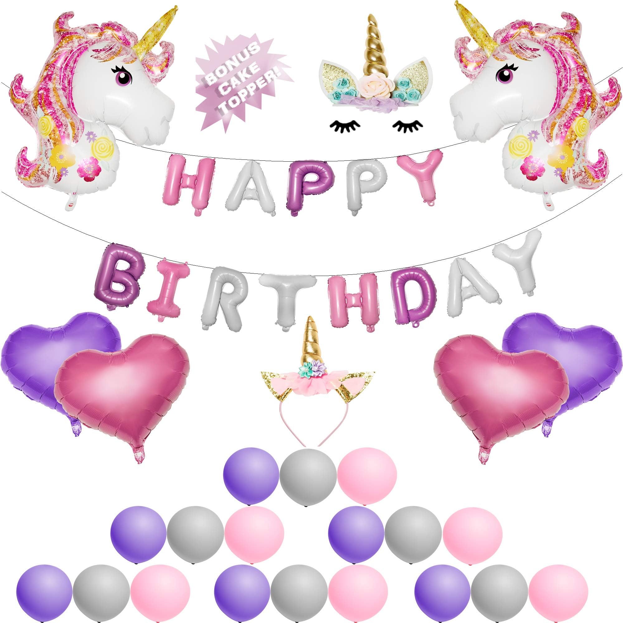 Magical Unicorn Party Supplies - Unicorn Party Decorations with BONUS UNICORN CAKE TOPPER Perfect for Birthday Party | Balloons, Headband, and Banner! By Unicorn Sparkles (43pcs)