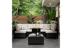 Ophelian 8 Pcs Patio Furniture Set with Fire Pit Table, Outdoor Wicker Sectional Sofa, Conversation Set Perfect for Backyard, Garden, Deck (Coffee/Beige)