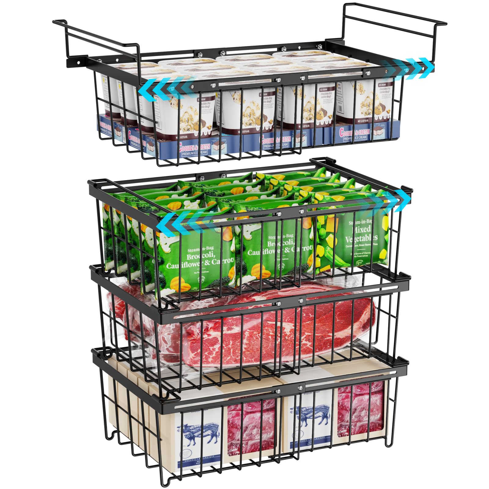 Photo 1 of iSPECLE Large Chest Freezer Organizer Bins 4 Pack - Fit 10 to 20 Cu.FT Deep Freezer, 1 Adjustable Hanging Basket and 3 Pack Stackable Freezer Bins, Sort Food and Easily Get, Black