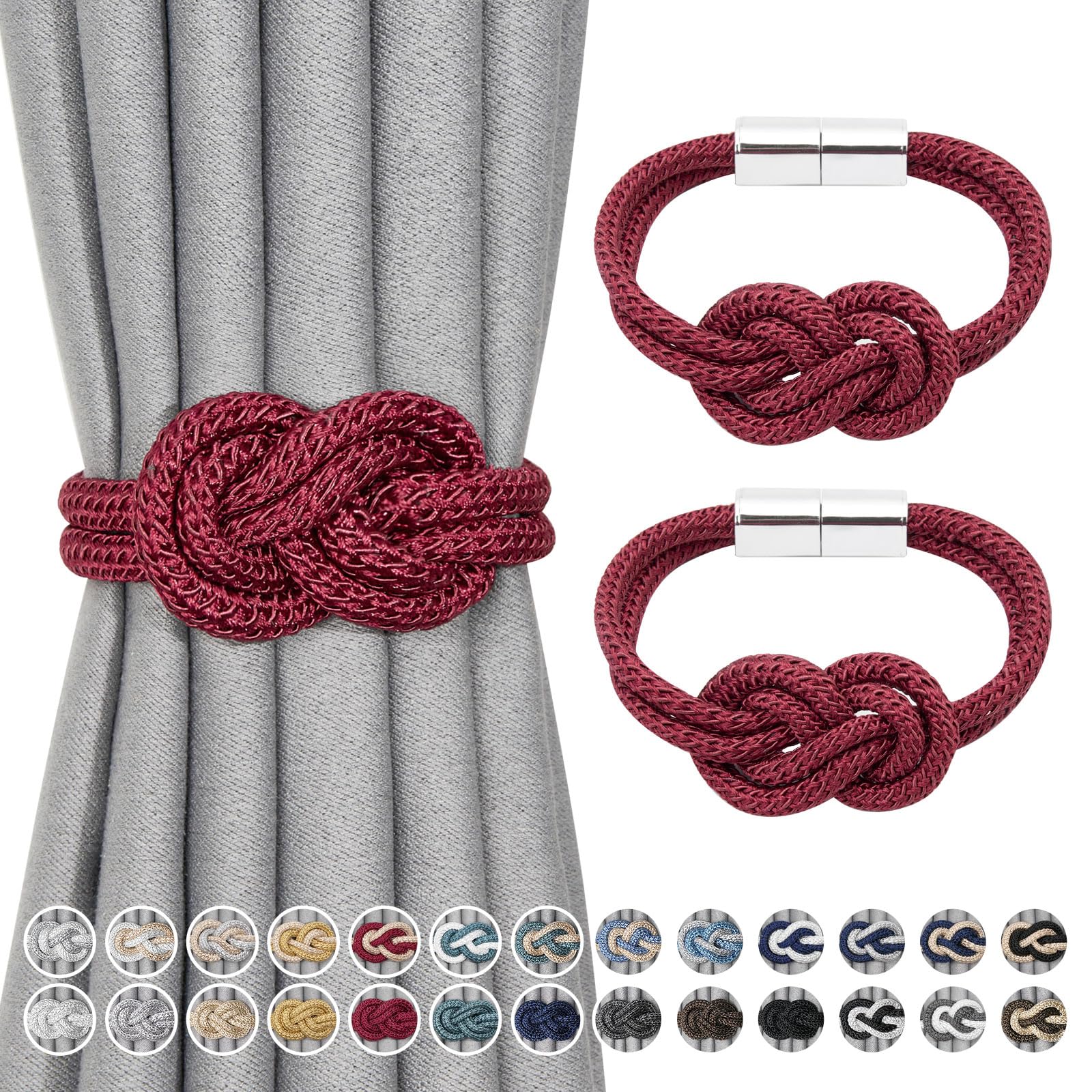 Pretty Jolly 2 Pack Mini Magnetic Curtain Tiebacks Nordic Simple Style Drape Tie Backs Elegant Hand Weave Rope Knot Decorative Curtain Holdbacks for Home & Office Window Drapery (Wine Red)
