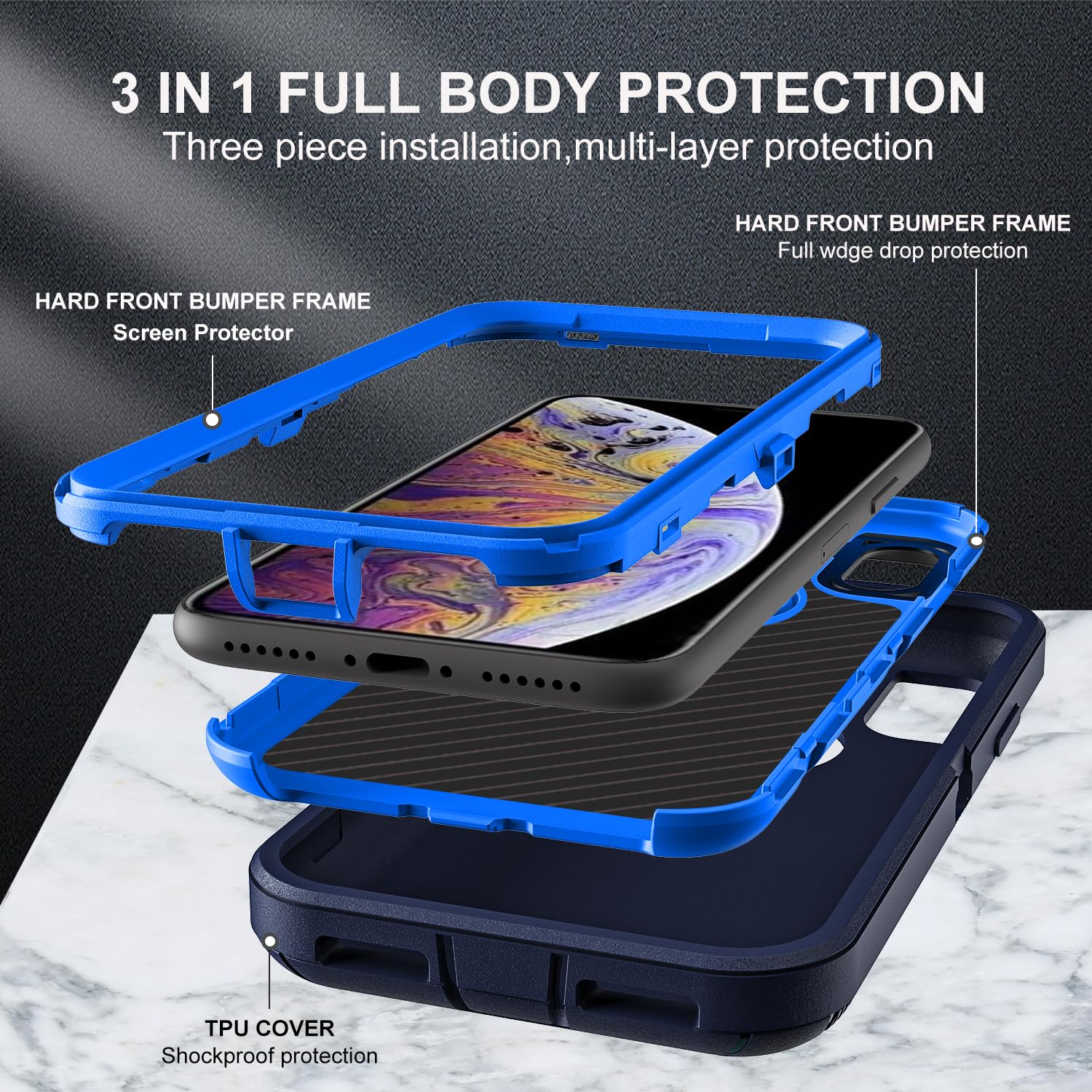 for iPhone X/iPhone Xs Case, Military Grade 3 in 1 Heavy Duty Shockproof/Drop Proof/Dust Proof Case with 2Pcs Tempered Glass Screen Protector (Navy Blue)