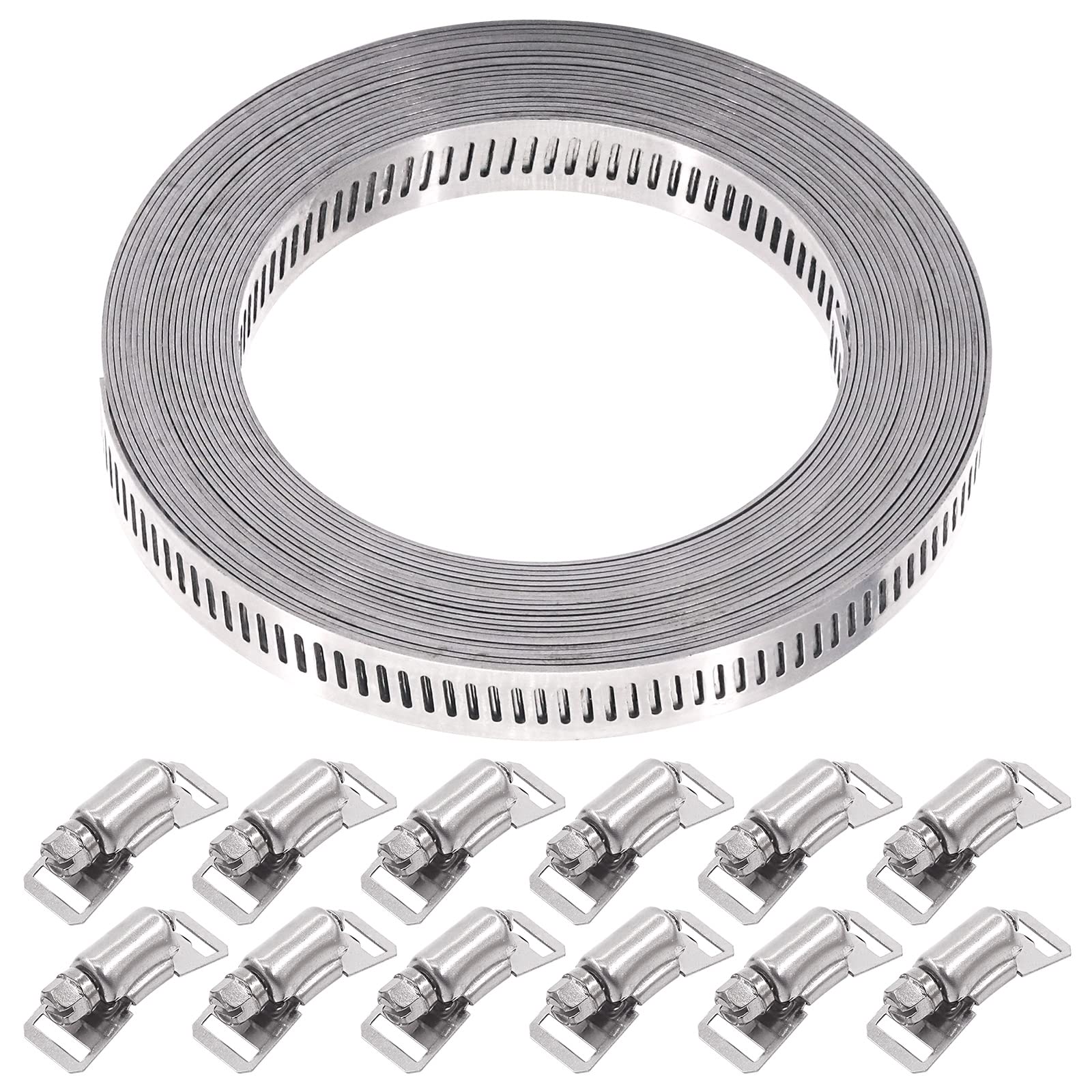 Swpeet 13Pcs 20 Feet Large Adjustable 304 Stainless Steel Band Clamp Pipe Clamp Worm Gear Hose Clamp with Fasteners Assortment Kit, Metal Hose Clamp for Ductwork, Pole Mount, Metal Strapping