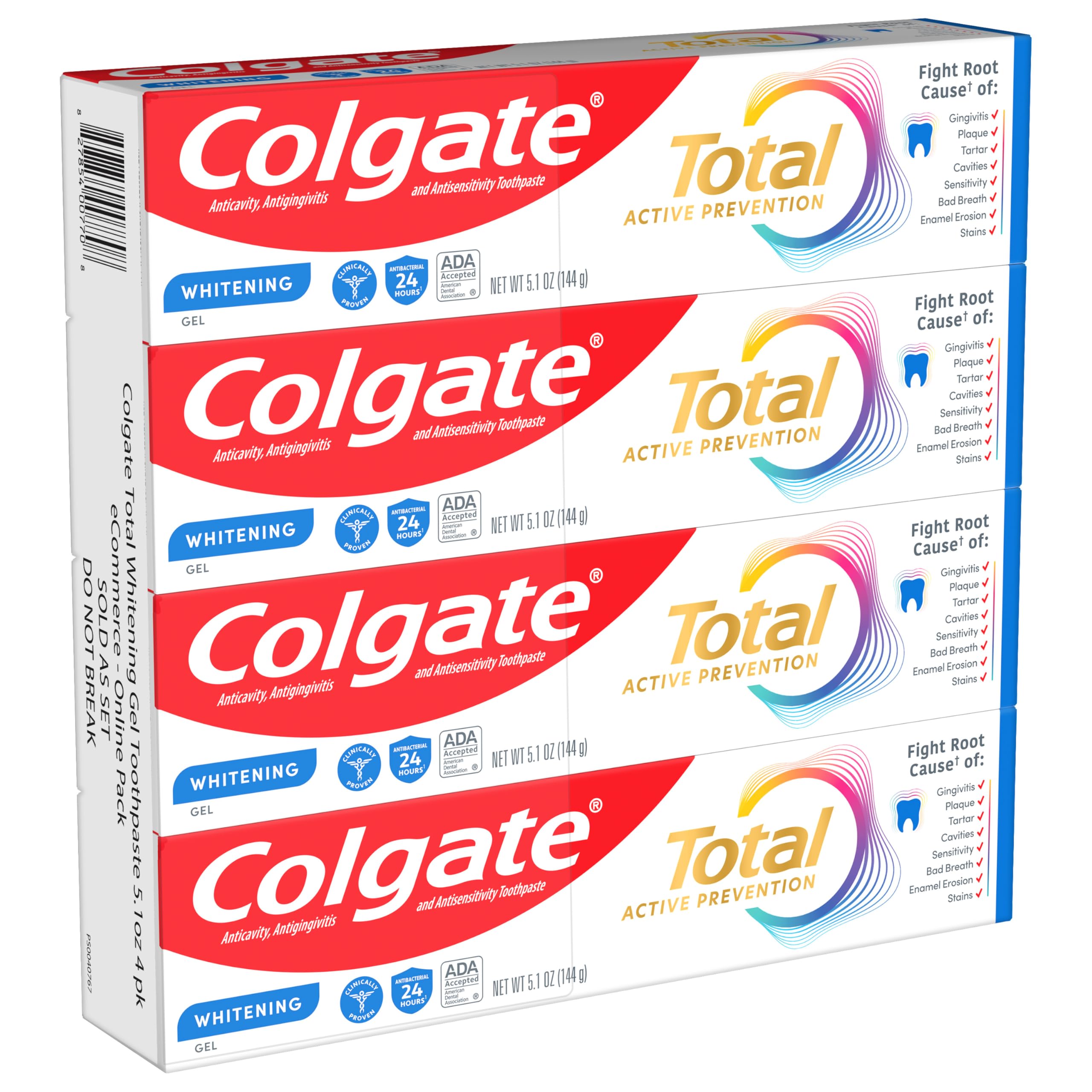 Colgate Total Active Prevention Whitening Gel Toothpaste with Fluoride, Bulk with Clinically Proven Formula That Fights Plaque Bacteria, Mint, 4 Pack, 5.1 oz