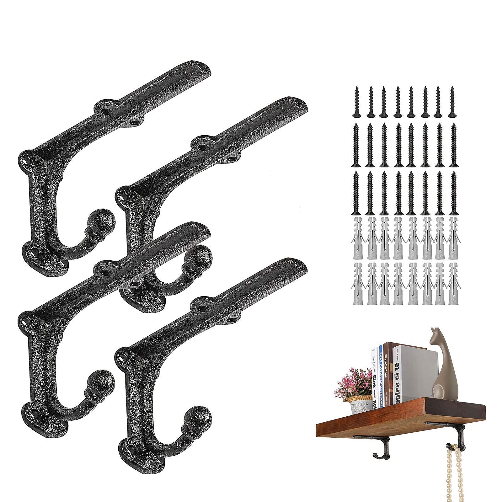 ChasBete Heavy Duty Shelf Brackets & Supports, Black Shelf Bracket with Hook, Rustic Iron Brackets for Shelves 15*8.5 cm - 4 Pcs — image 1