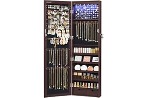 SONGMICS 6-LED Wall-Mounted Jewelry Cabinet with Mirror, Lockable Jewelry Armoire, Brown UJJC93K