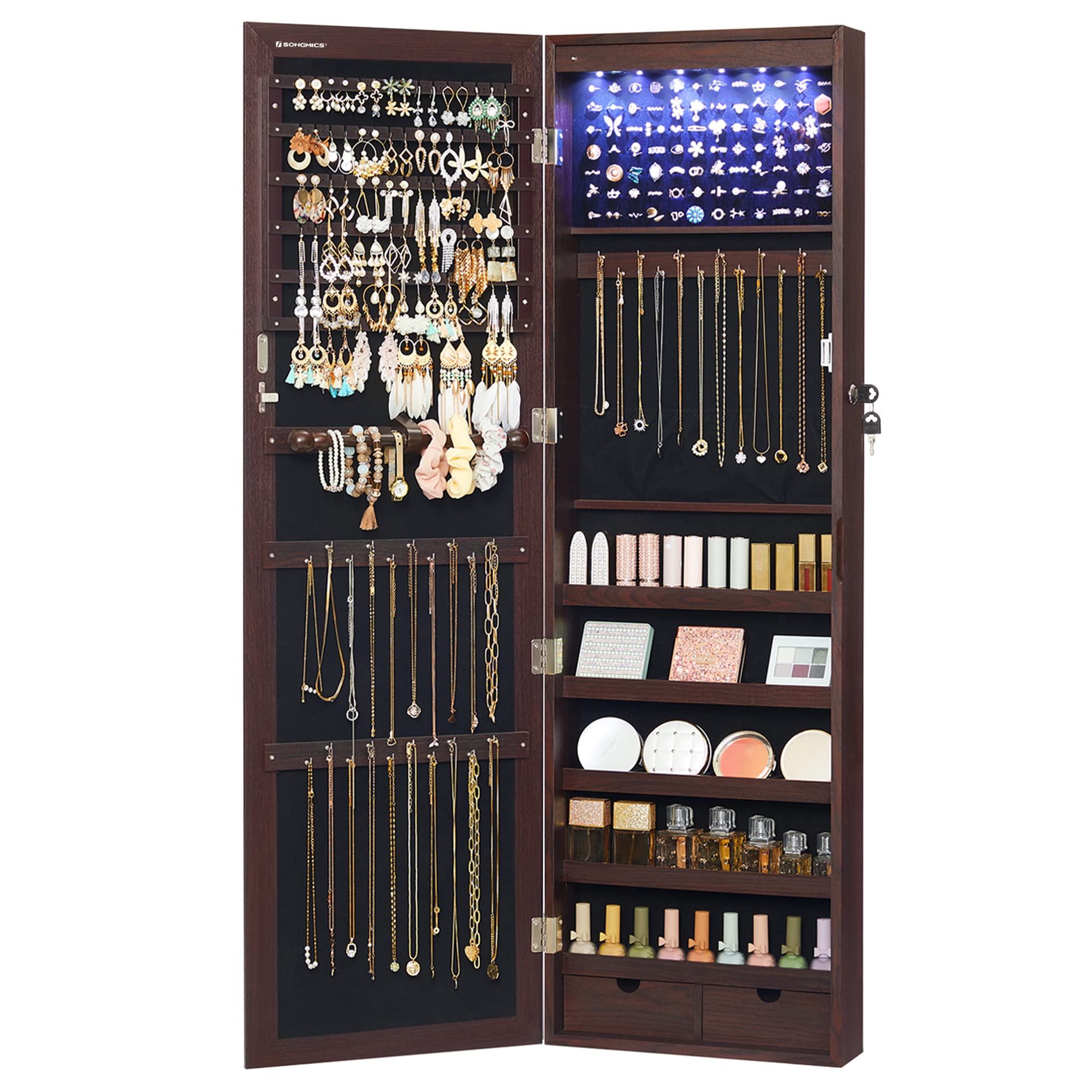 SONGMICS 6 LEDs Mirror Jewelry Cabinet, 47.2-Inch Tall Lockable Wall or Door Mounted Jewelry Armoire Organizer with Mirror, 2 Drawers, 3.9 x 14.6 x 47.2 Inches, Brown UJJC93K Image SONGMICS 6 LEDs Mirror Jewelry Cabinet, 47.2-Inch Tall Lockable Wall or Door Mounted Jewelry Armoire Organizer with Mirror, 2 Drawers, 3.9 x 14.6 x 47.2 Inches, Brown UJJC93K Image