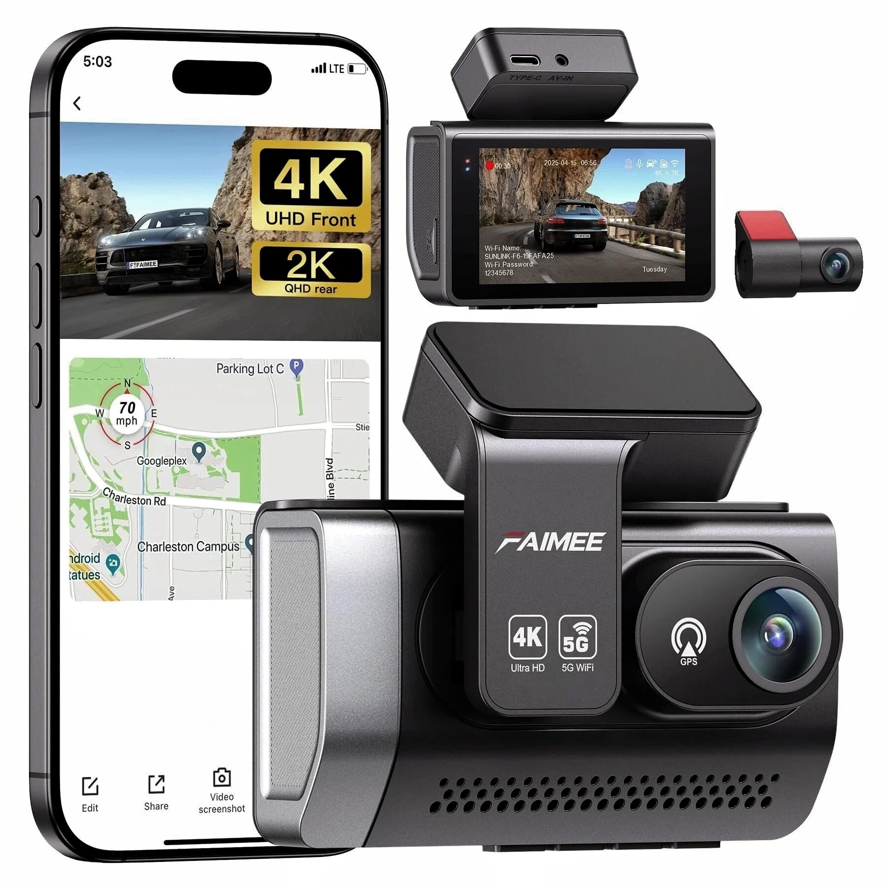 Photo 1 of 2-Channel Dash Cam with 24H Parking Monitor, 4K+2K Front and Rear, Built-in GPS, Night Vision, G-Sensor, WDR, 170° Wide Angle, 5.8G Wi-Fi, Dark Black
