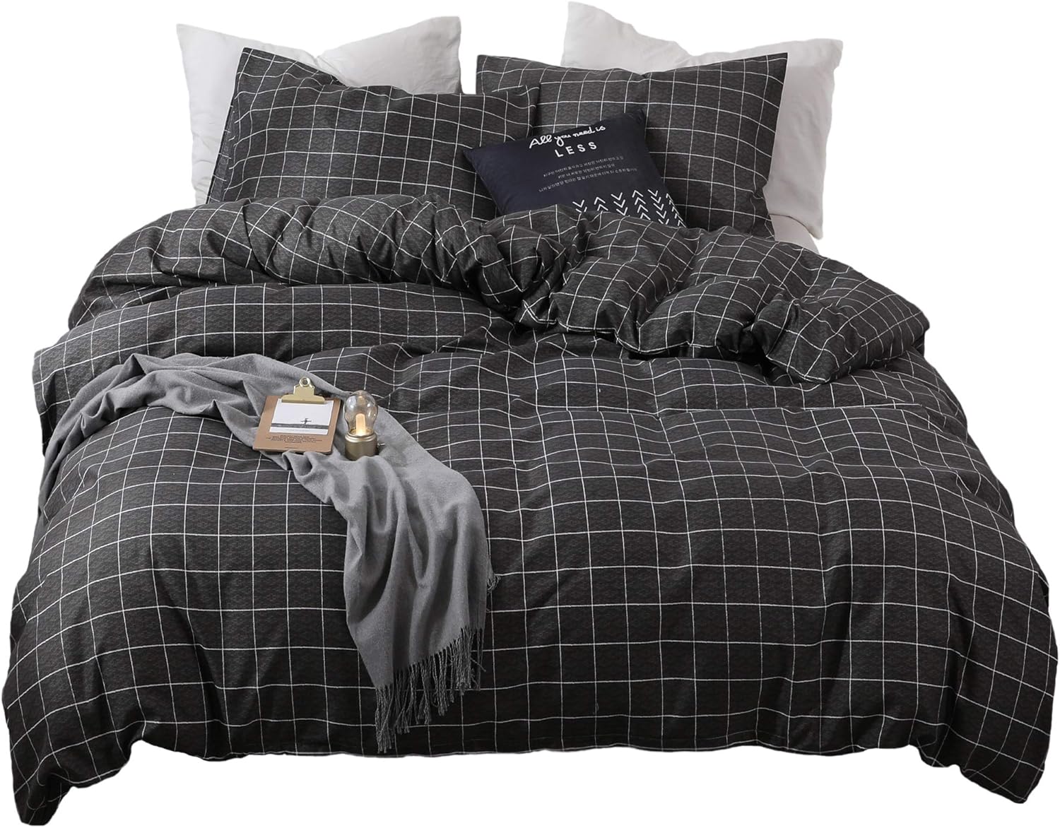 ARYURBU Grey Plaid Duvet Cover Set Single Size,3 Pieces Bedding Set,Checekered Gingham Quilt