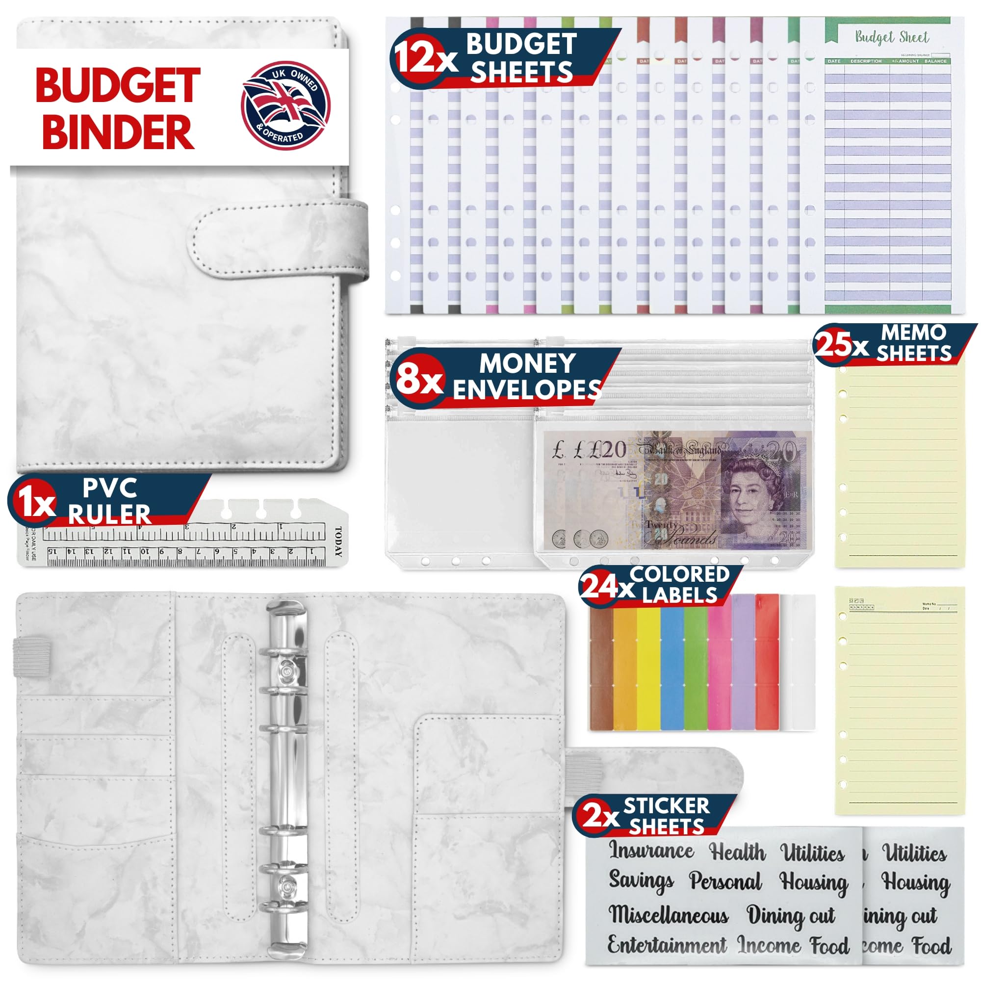 KASTLO A6 PU Leather 51pcs Budget Binder Notebook - Money Saving Wallet with Plastic Money Wallet Organiser, Label Sticker, Ruler - Budget Planner & Cash Envelopes for UK - White — image 1