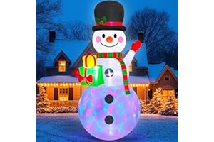 MICOCAH 8FT Tall Snowman Inflatable Christmas Decorations Outdoor Gift Box, Built in Rotating LED Lights Giant Xmas Blow Up S