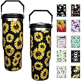 mvhsuoem 30 oz Flip Straw Tumbler with Top Handle Resuable Vacuum Insulated Flip Top Water bottle for Home Office Car Dishwasher Safe, Sunflower